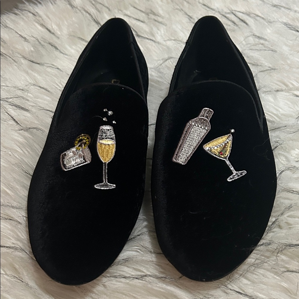 Chico's Black Velvet Loafers with Embroidered Drinks